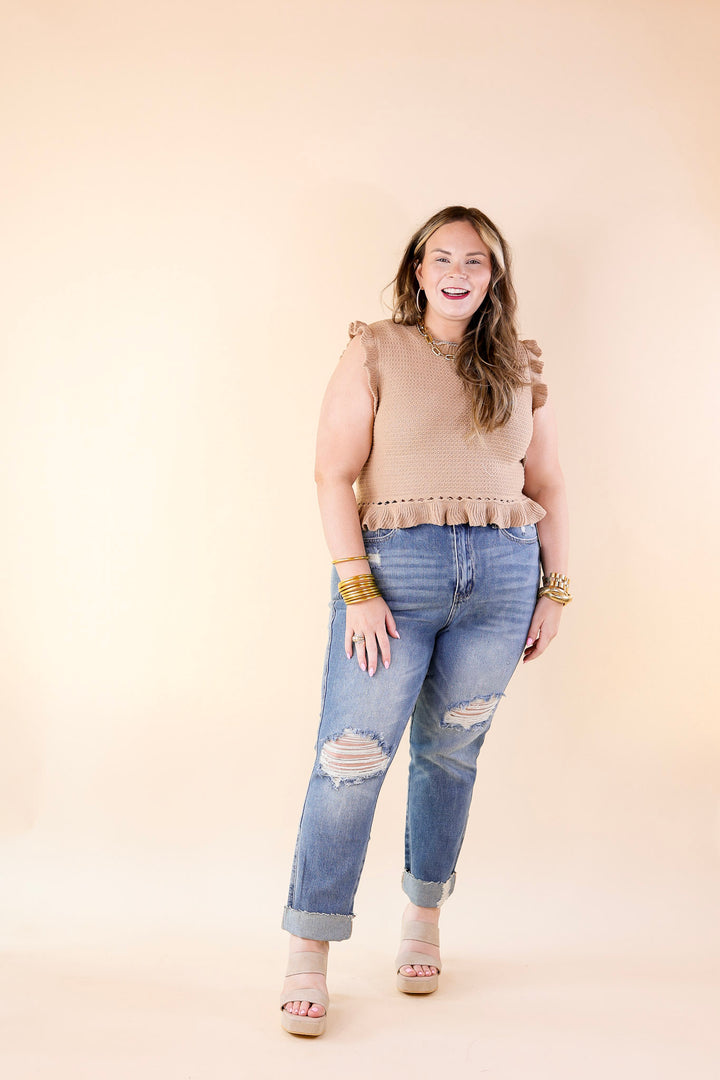 Breezy Baby Cropped Sweater with Ruffle Cap Sleeves in Mocha - Giddy Up Glamour Boutique