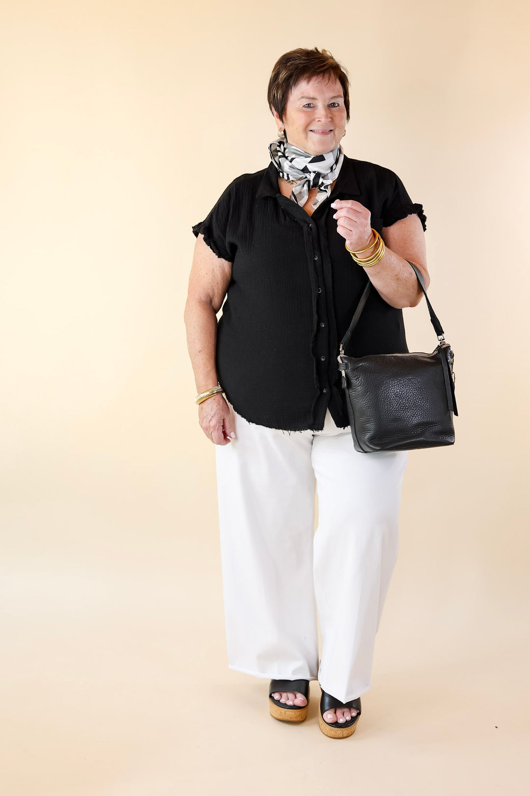 Right On Cue Button Up Raw Hem Top in Black - Giddy Up Glamour Boutique