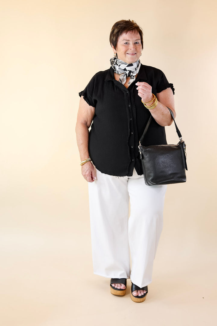 Right On Cue Button Up Raw Hem Top in Black - Giddy Up Glamour Boutique