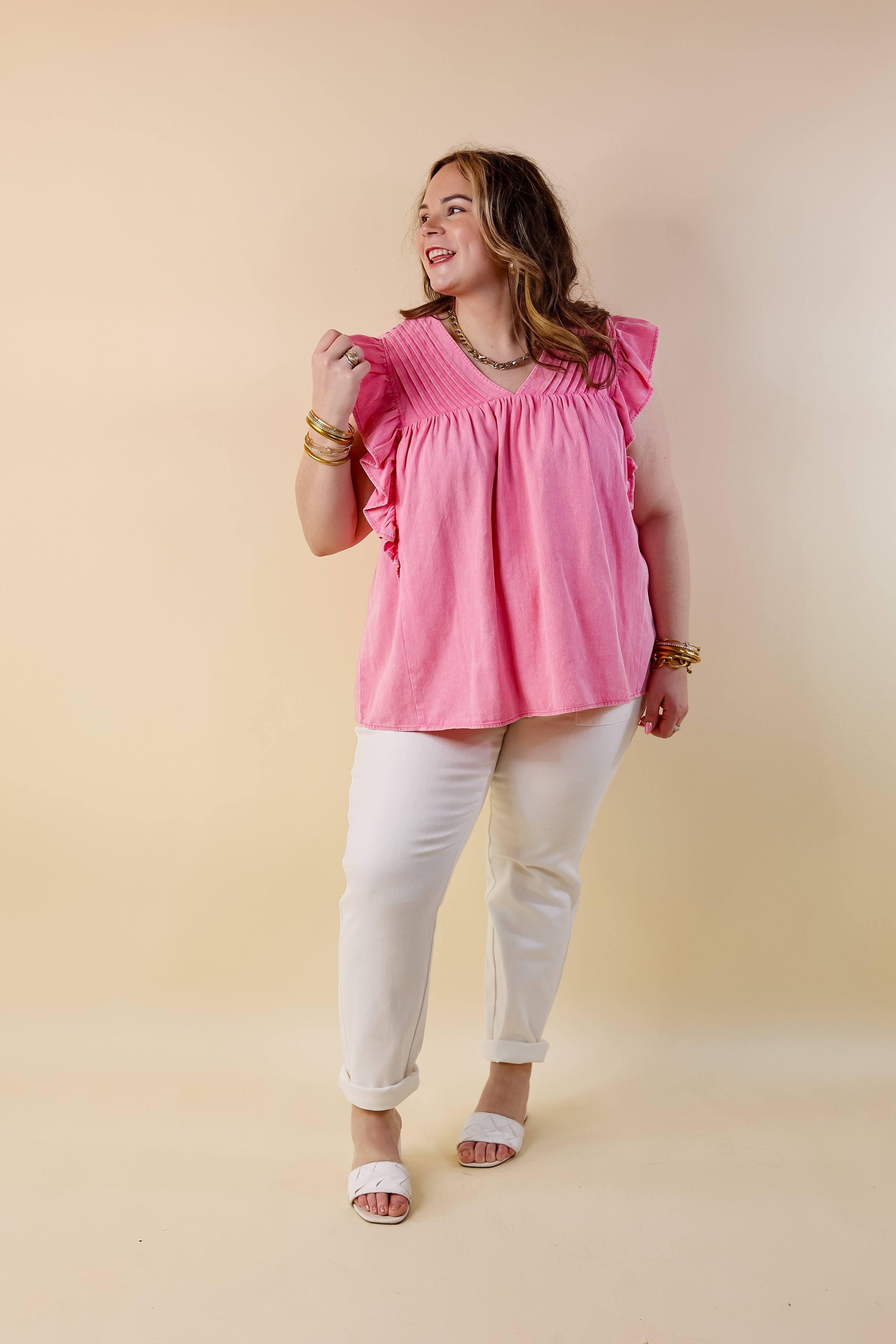 Name Of The Game Denim Ruffle Cap Sleeve Top with Pleated Upper in Pink - Giddy Up Glamour Boutique