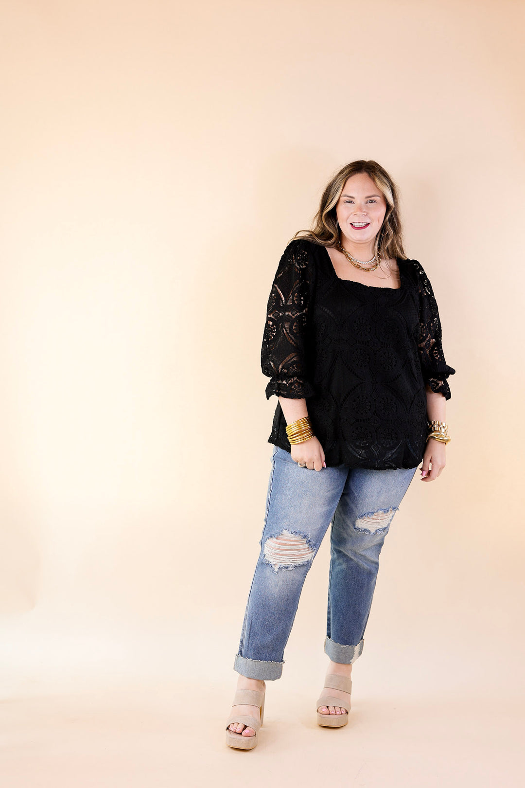 Sweet Talker 3/4 Sleeve Crocheted Top with Square Neckline in Black - Giddy Up Glamour Boutique