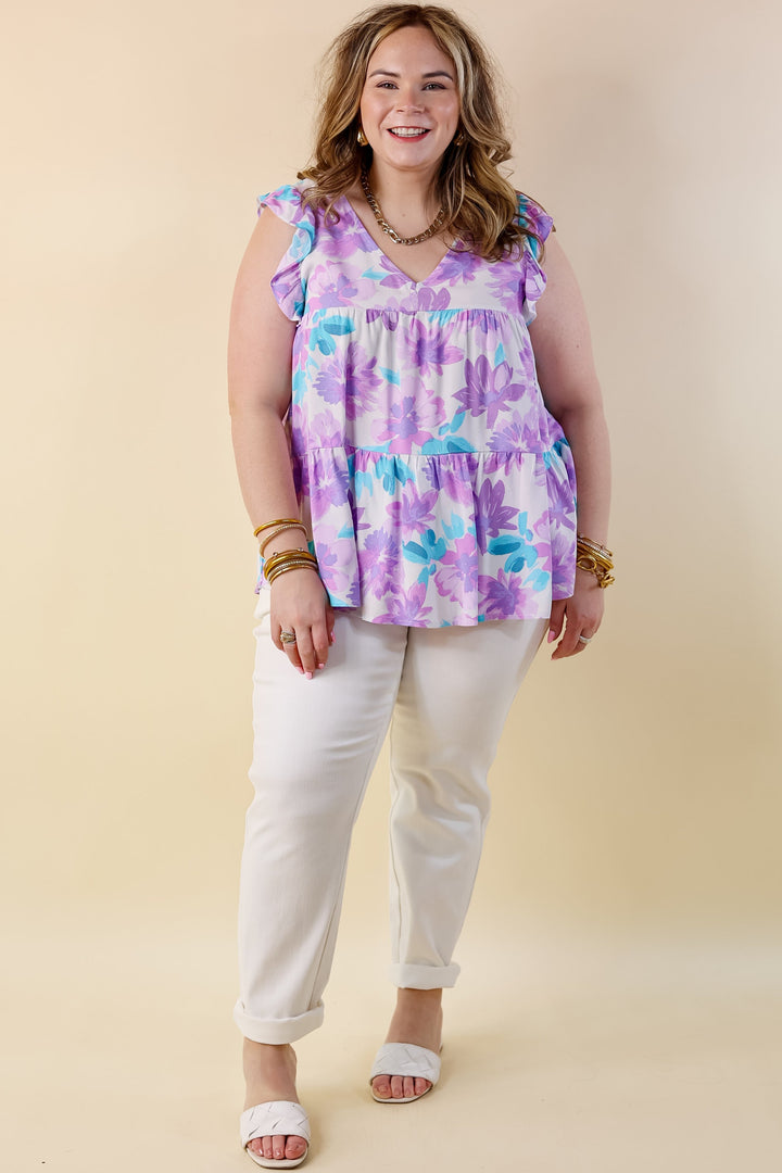 Inspiring Sights Floral V Neck Top with Ruffle Cap Sleeves in Lavender Purple