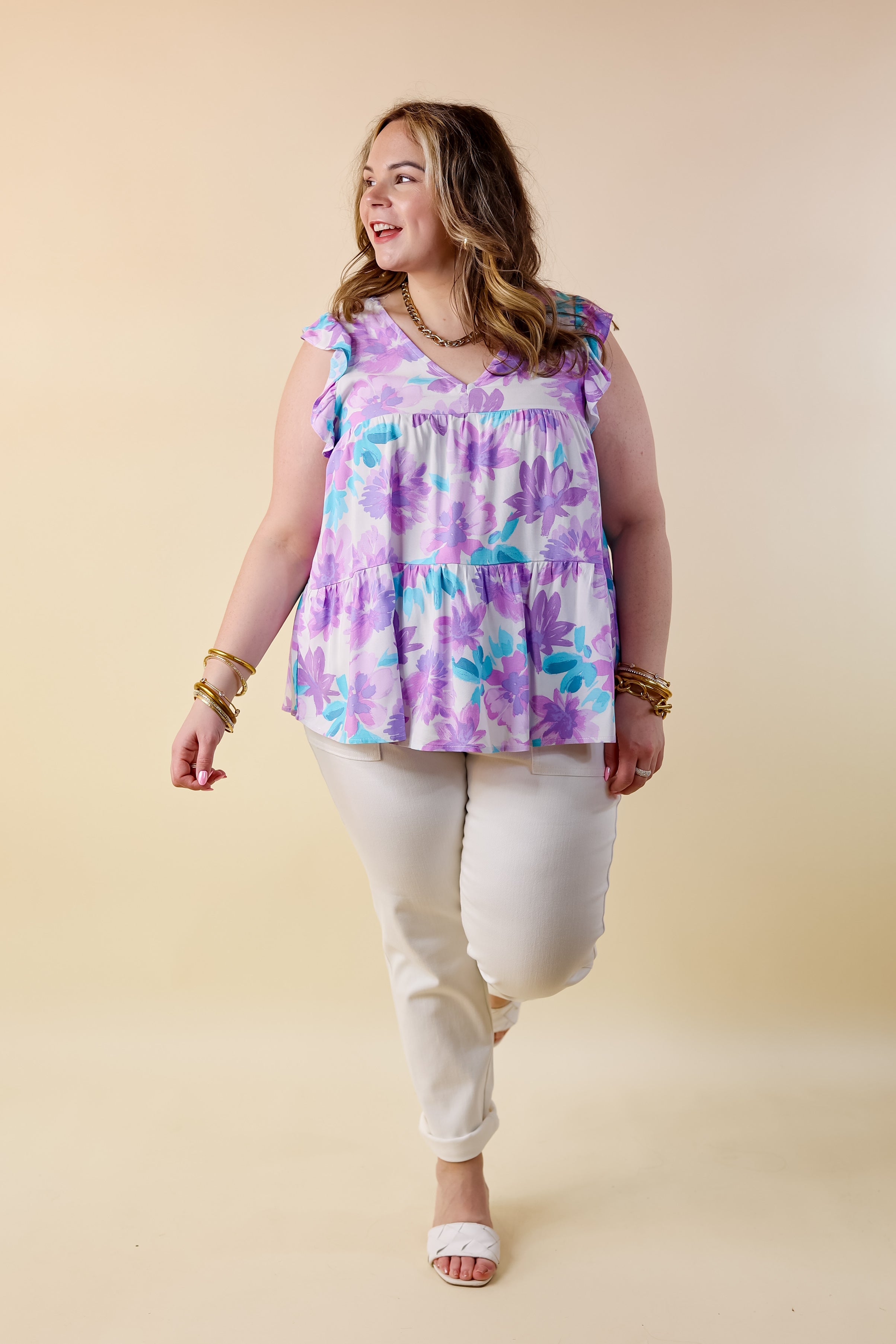 Inspiring Sights Floral V Neck Top with Ruffle Cap Sleeves in Lavender Purple - Giddy Up Glamour Boutique