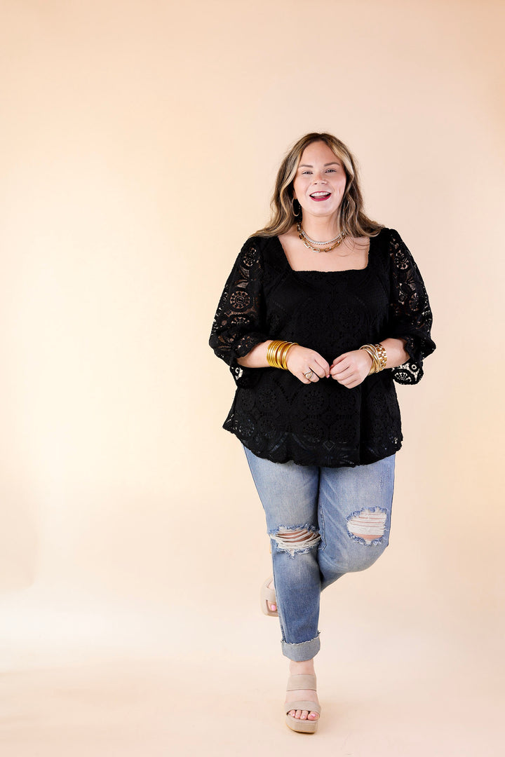 Sweet Talker 3/4 Sleeve Crocheted Top with Square Neckline in Black - Giddy Up Glamour Boutique