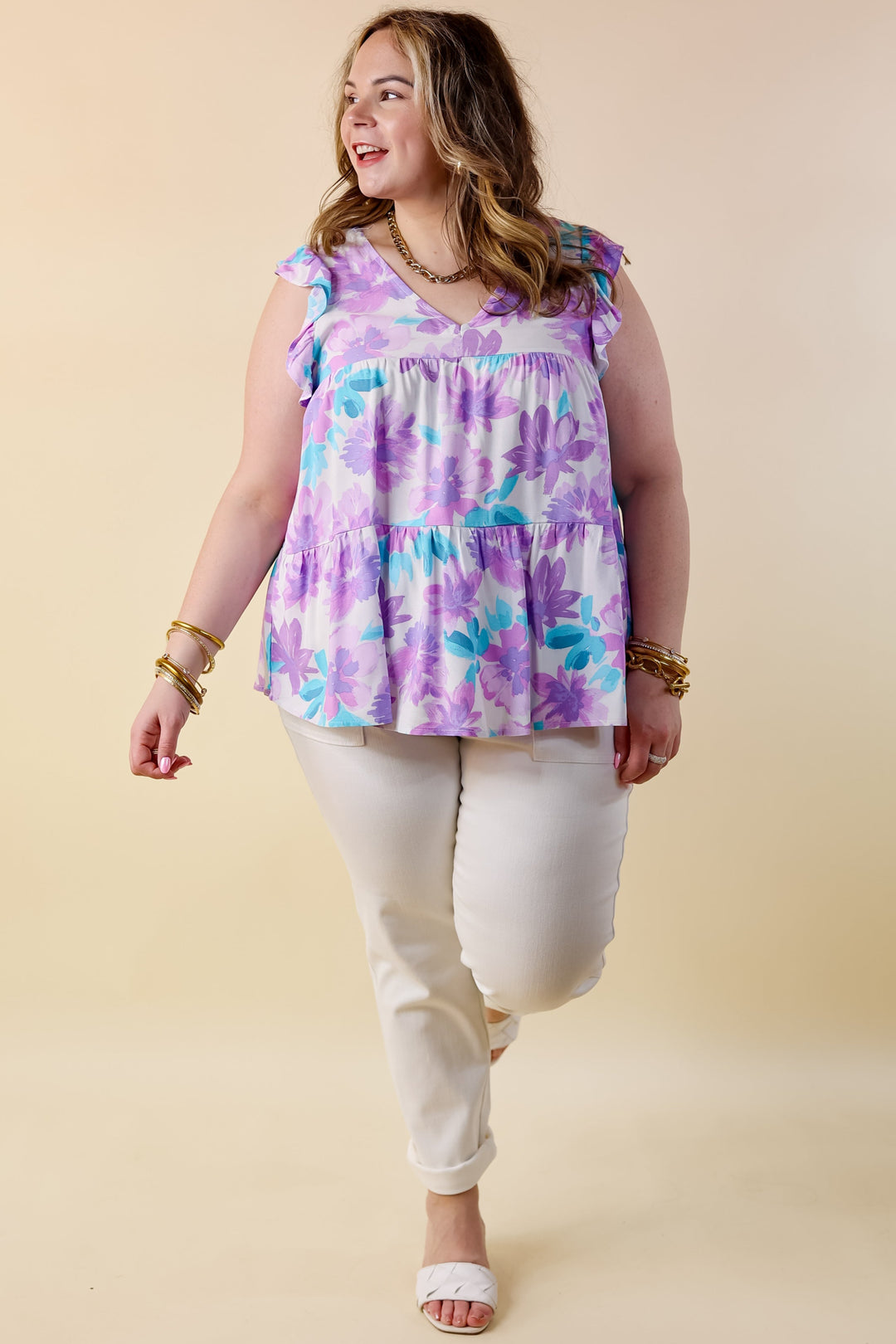 Inspiring Sights Floral V Neck Top with Ruffle Cap Sleeves in Lavender Purple