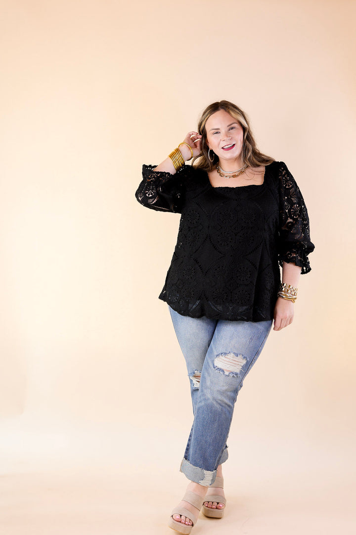 Sweet Talker 3/4 Sleeve Crocheted Top with Square Neckline in Black - Giddy Up Glamour Boutique