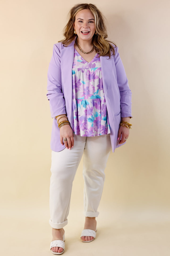 Inspiring Sights Floral V Neck Top with Ruffle Cap Sleeves in Lavender Purple