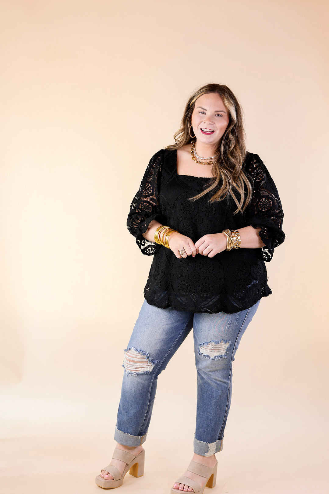 Sweet Talker 3/4 Sleeve Crocheted Top with Square Neckline in Black - Giddy Up Glamour Boutique