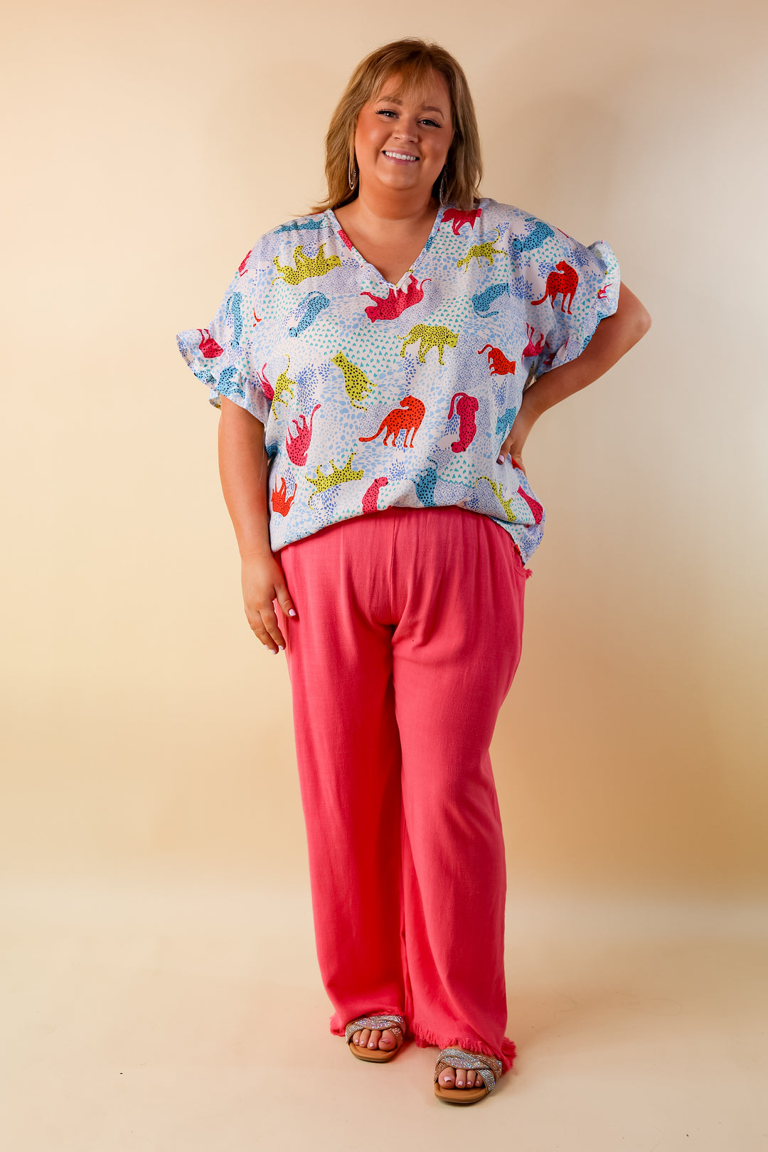 Best Version Cheetah Print V Neck Top with Ruffle Short Sleeves in Blue Mix - Giddy Up Glamour Boutique