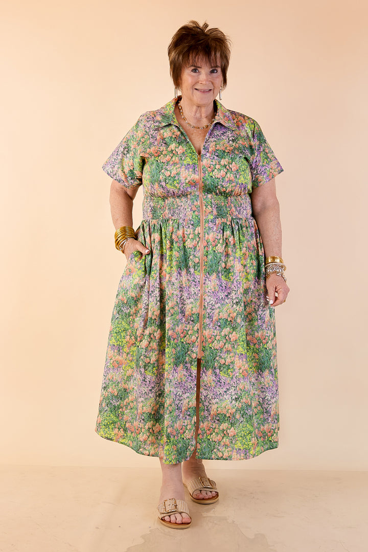 Whispering Wildflowers Floral Zip Front Midi Dress with Smocked Waist and Short Sleeves in Green and Peach Multicolor