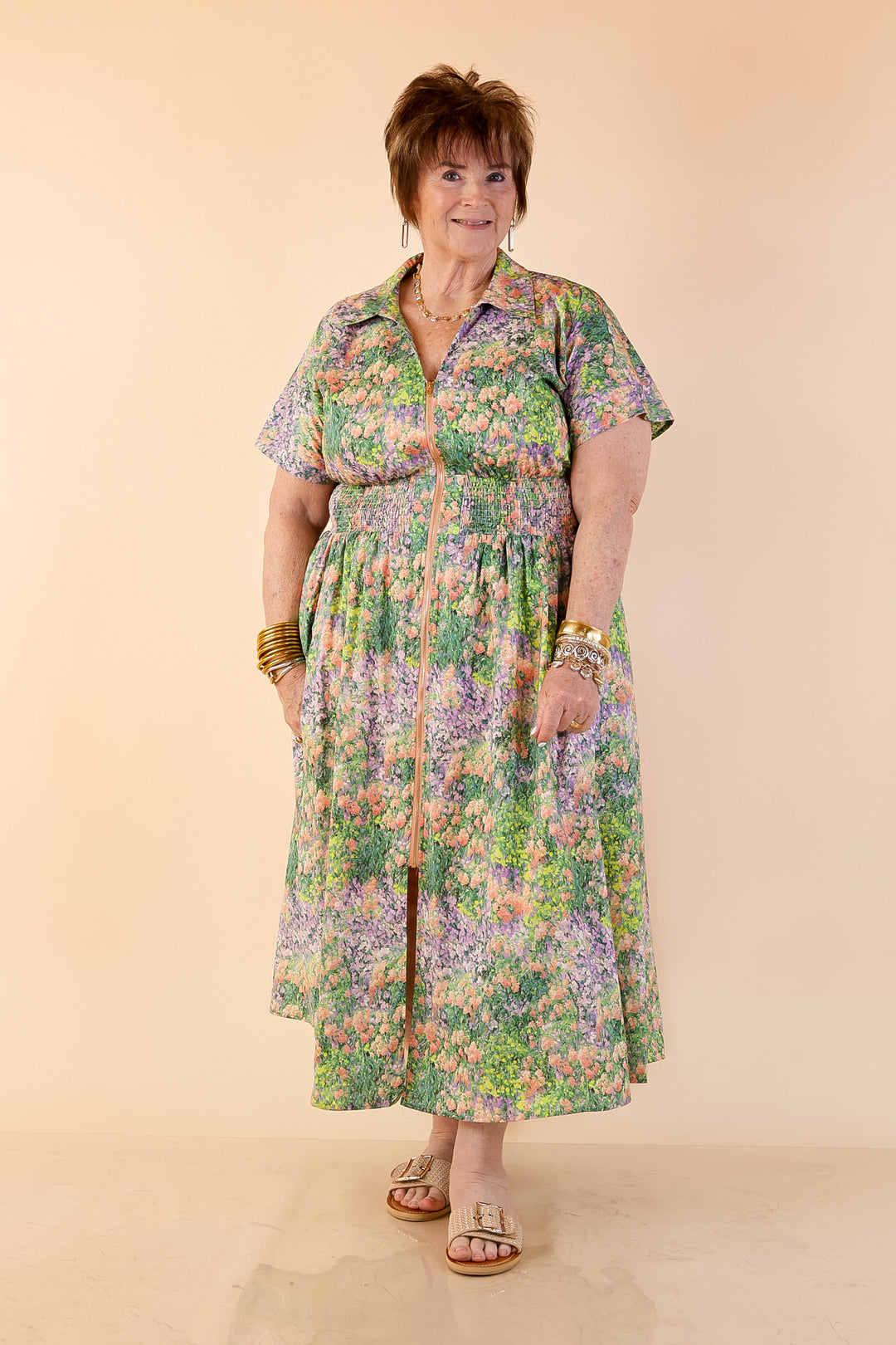 Whispering Wildflowers Floral Zip Front Midi Dress with Smocked Waist and Short Sleeves in Green and Peach Multicolor