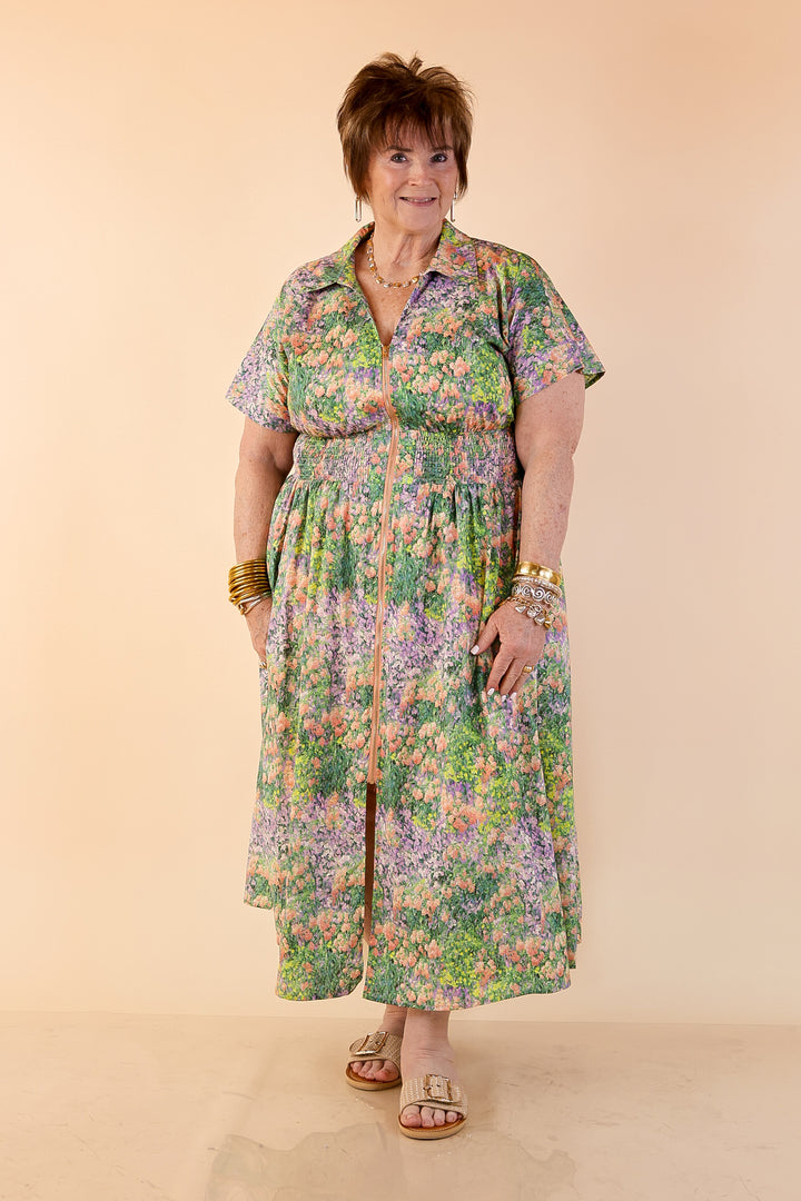 Whispering Wildflowers Floral Zip Front Midi Dress with Smocked Waist and Short Sleeves in Green and Peach Multicolor