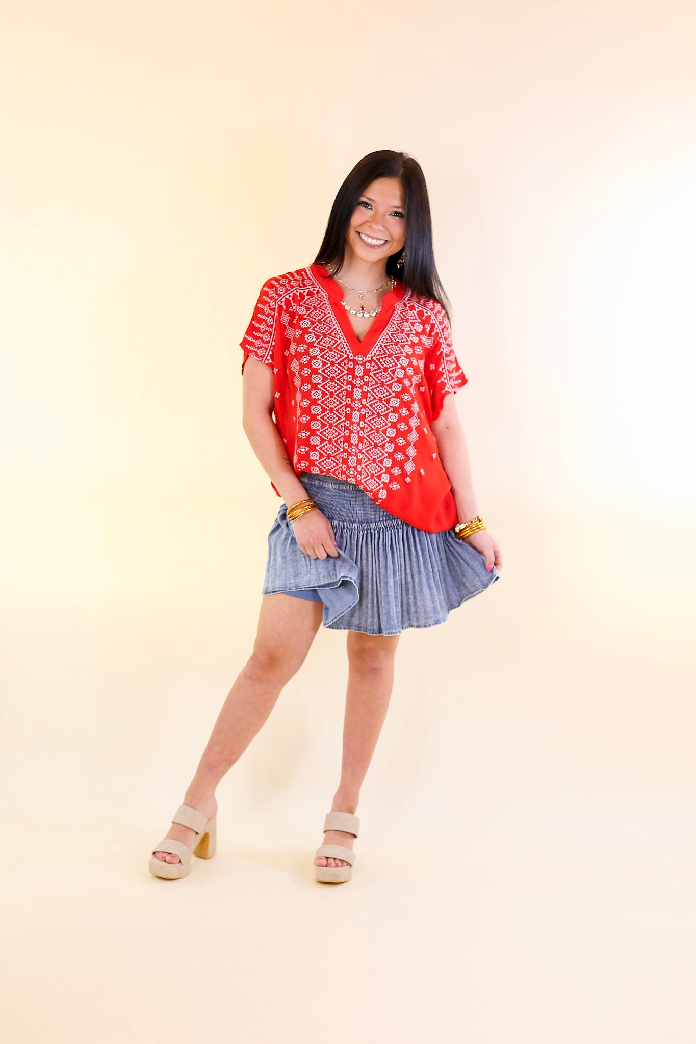 Fredericksburg Feeling Embroidered Short Sleeve Notched Neck Top in Red