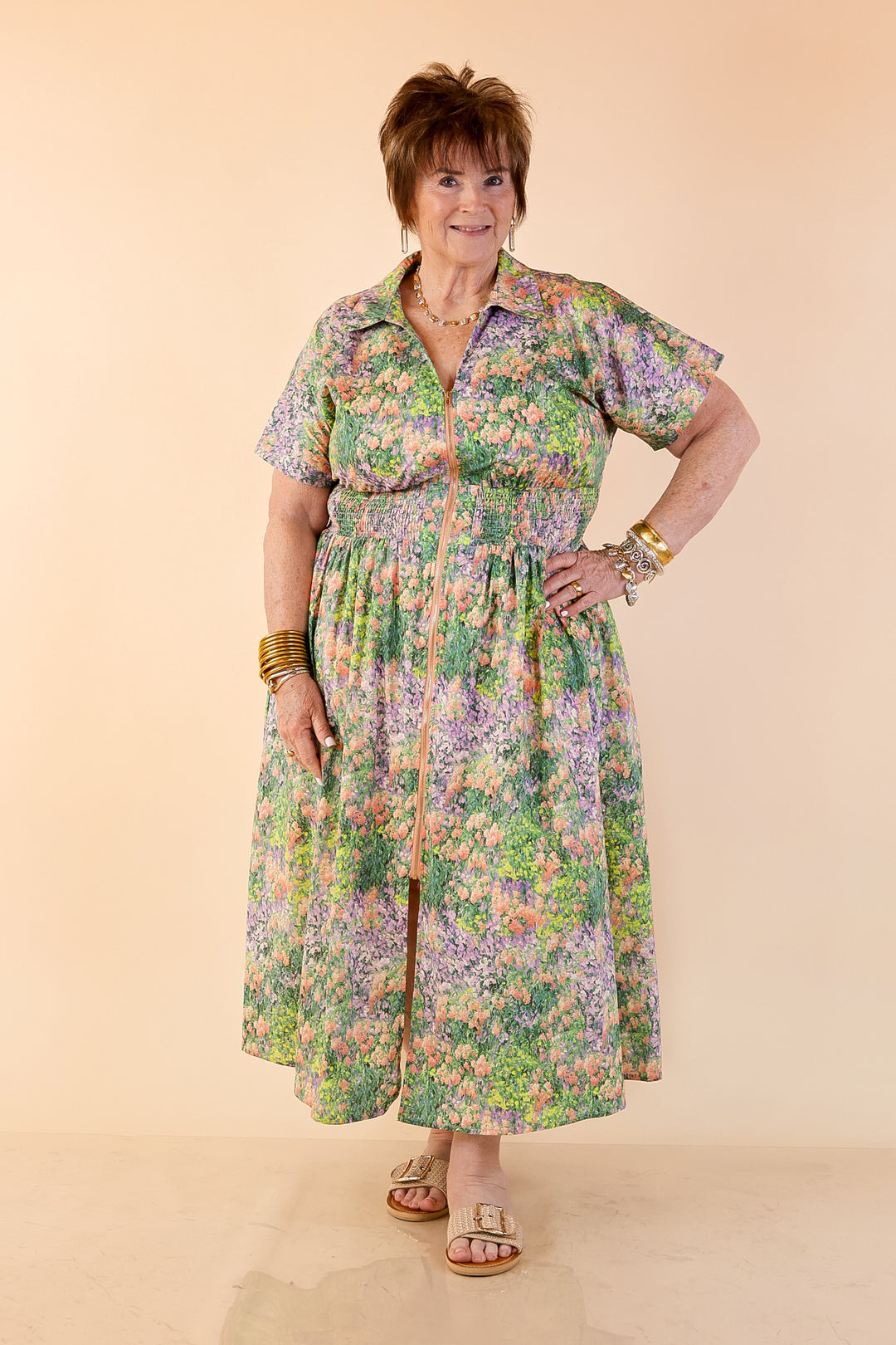 Whispering Wildflowers Floral Zip Front Midi Dress with Smocked Waist and Short Sleeves in Green and Peach Multicolor