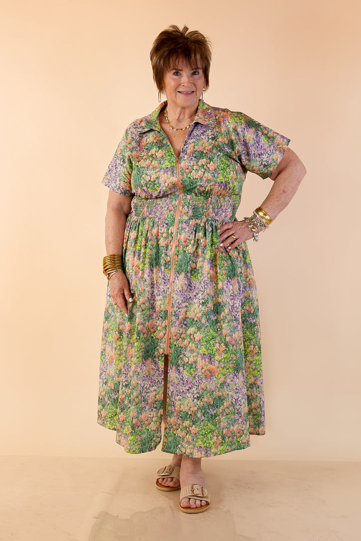 Whispering Wildflowers Floral Zip Front Midi Dress with Smocked Waist and Short Sleeves in Green and Peach Multicolor