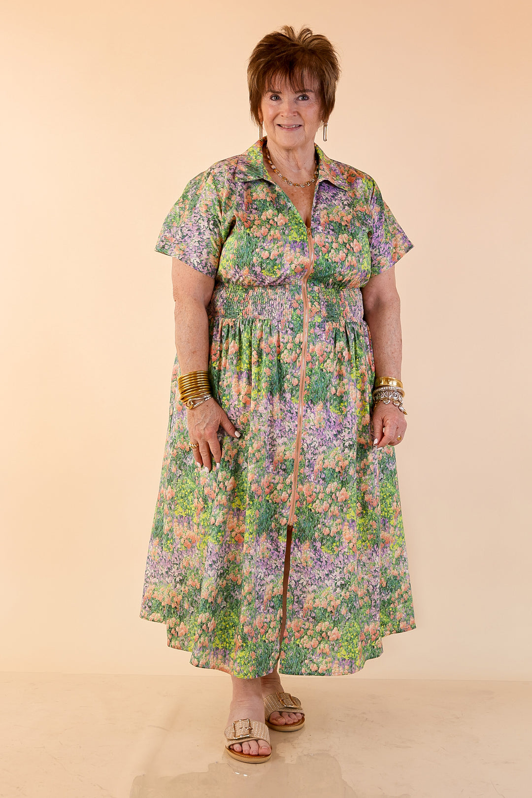 Whispering Wildflowers Floral Zip Front Midi Dress with Smocked Waist and Short Sleeves in Green and Peach Multicolor