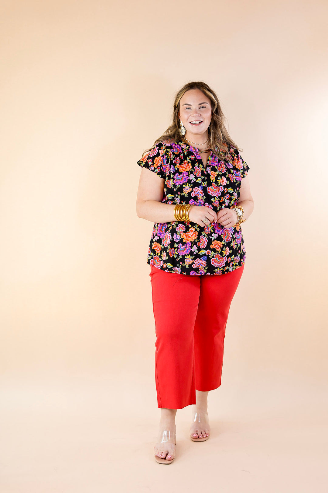 Whimsical Wonder Floral Print Top with Notched Neckline and Drop Sleeves in Black - Giddy Up Glamour Boutique