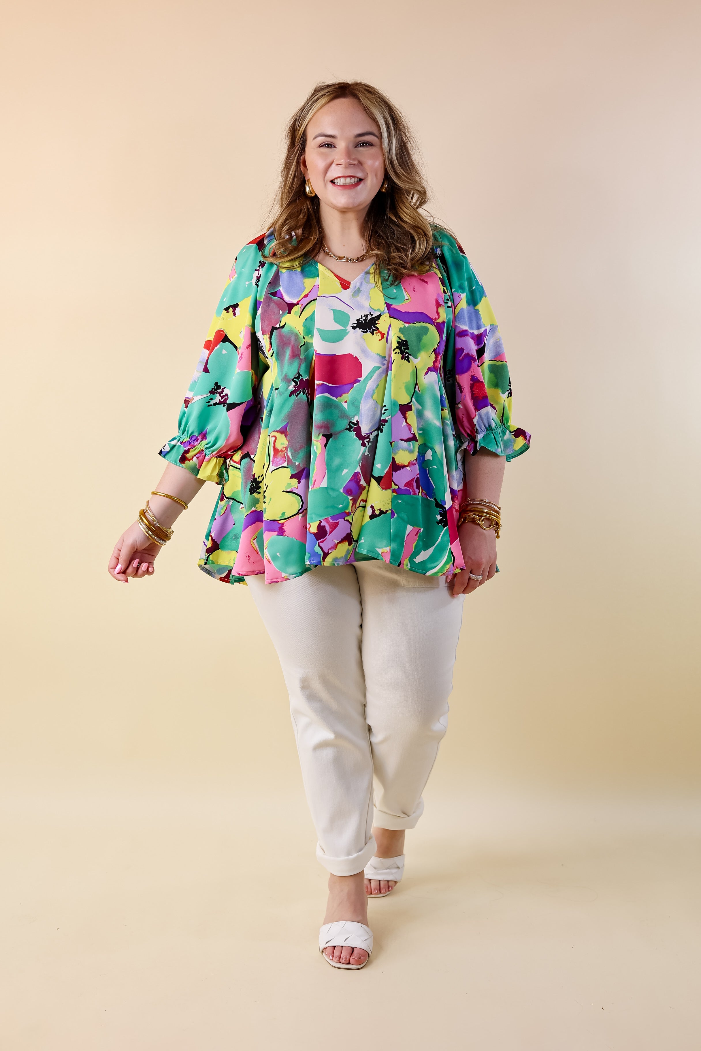 Blooming Love Floral V Neck Top with Half Sleeves in Green Mix - Giddy Up Glamour Boutique
