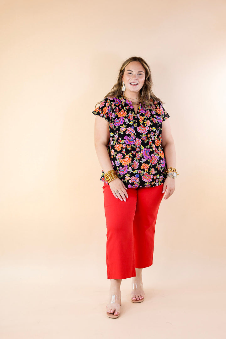 Whimsical Wonder Floral Print Top with Notched Neckline and Drop Sleeves in Black - Giddy Up Glamour Boutique