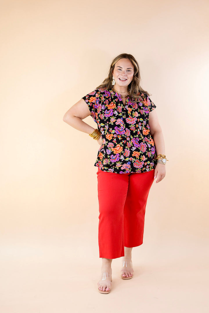 Whimsical Wonder Floral Print Top with Notched Neckline and Drop Sleeves in Black - Giddy Up Glamour Boutique