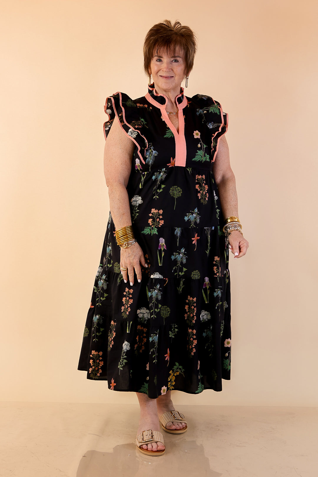 Moonlit Meadow Floral Ruffle Cap Sleeve Tiered Midi Dress in Black