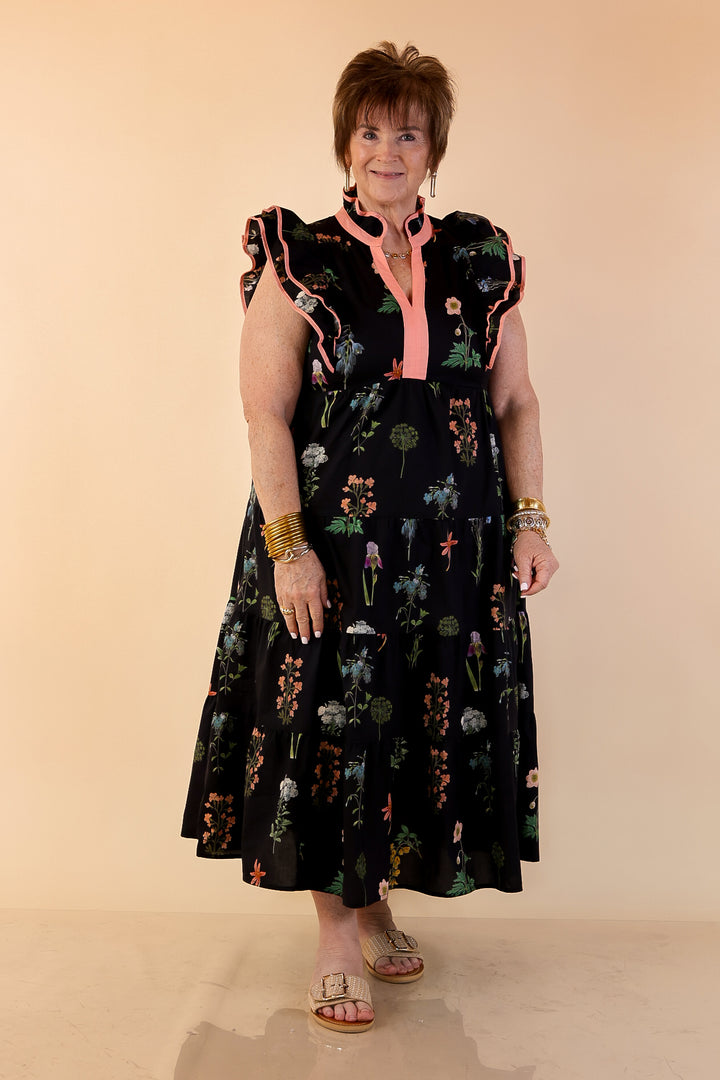 Moonlit Meadow Floral Ruffle Cap Sleeve Tiered Midi Dress in Black