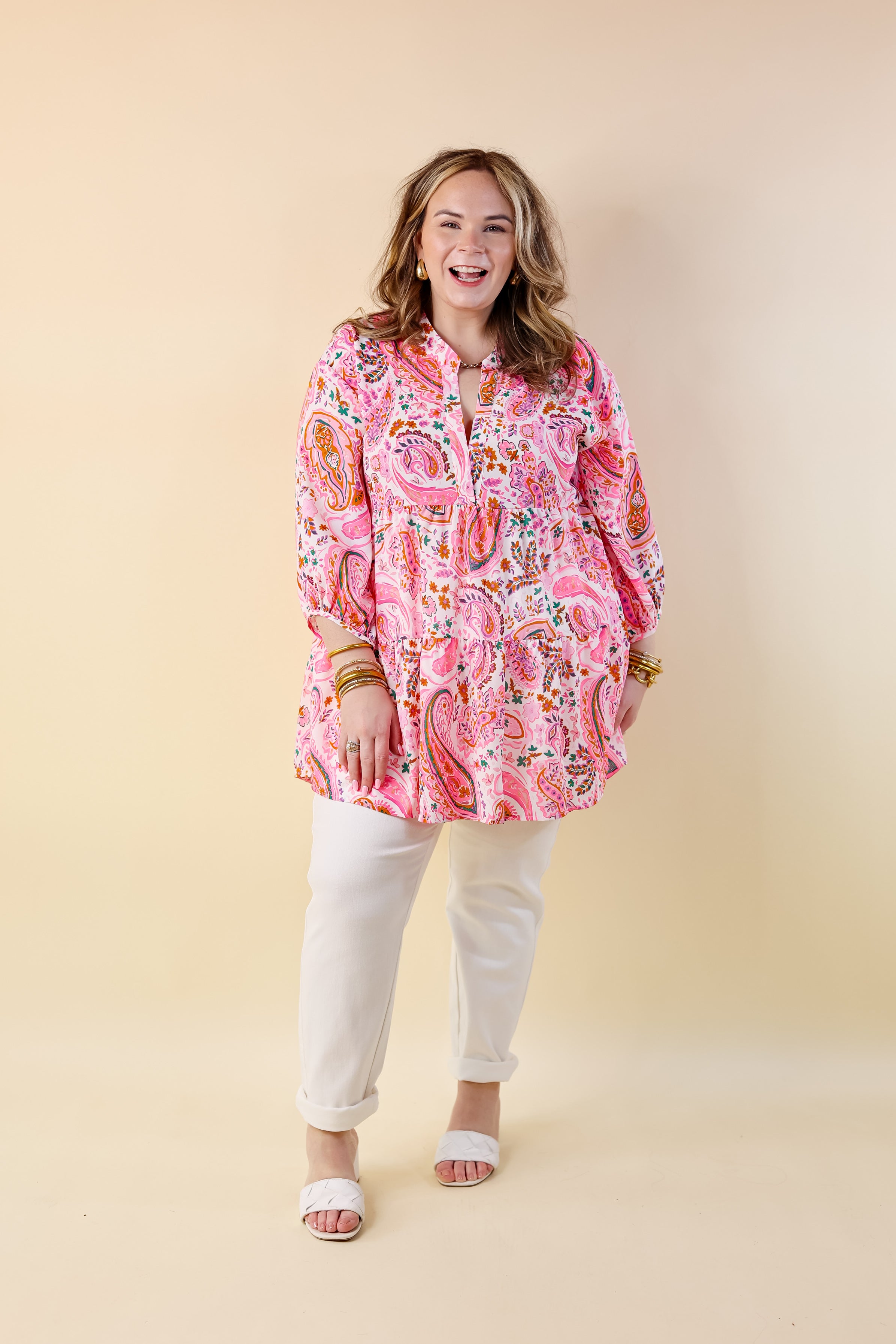Meadow Melody Paisley Tiered Babydoll Top in Pink Mix - Giddy Up Glamour Boutique