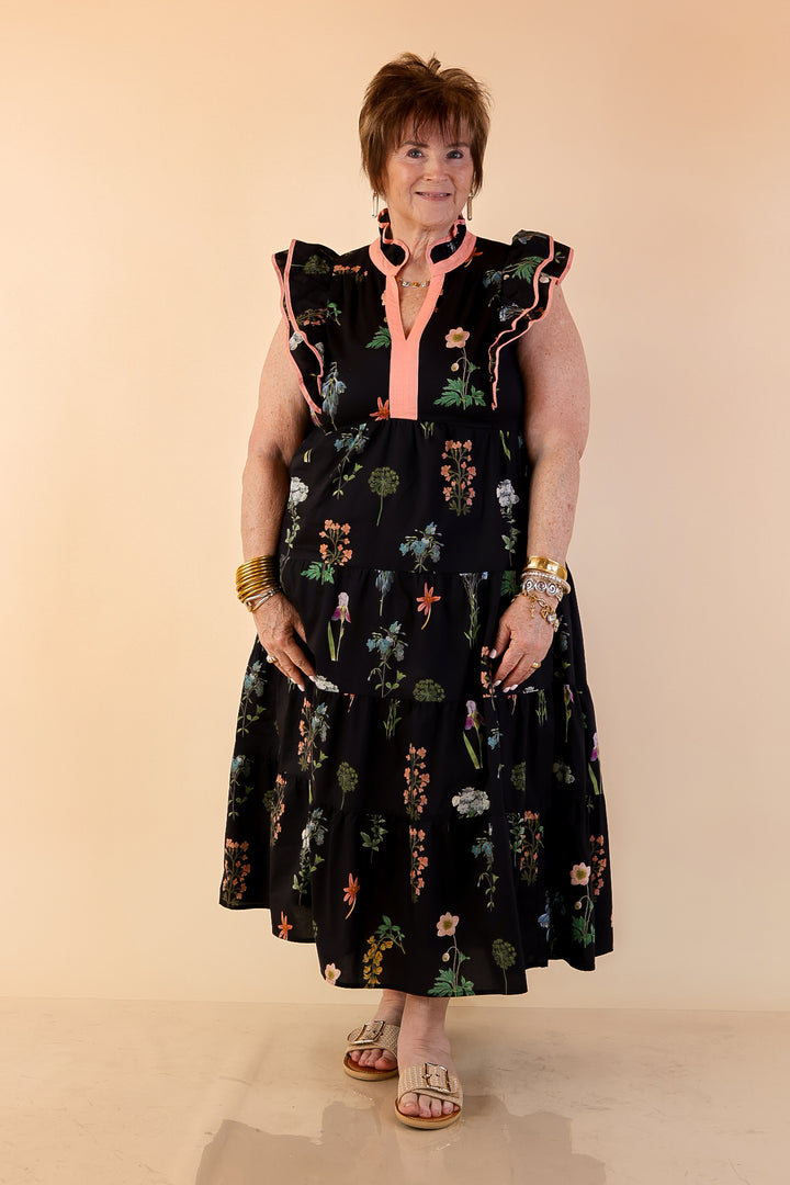 Moonlit Meadow Floral Ruffle Cap Sleeve Tiered Midi Dress in Black
