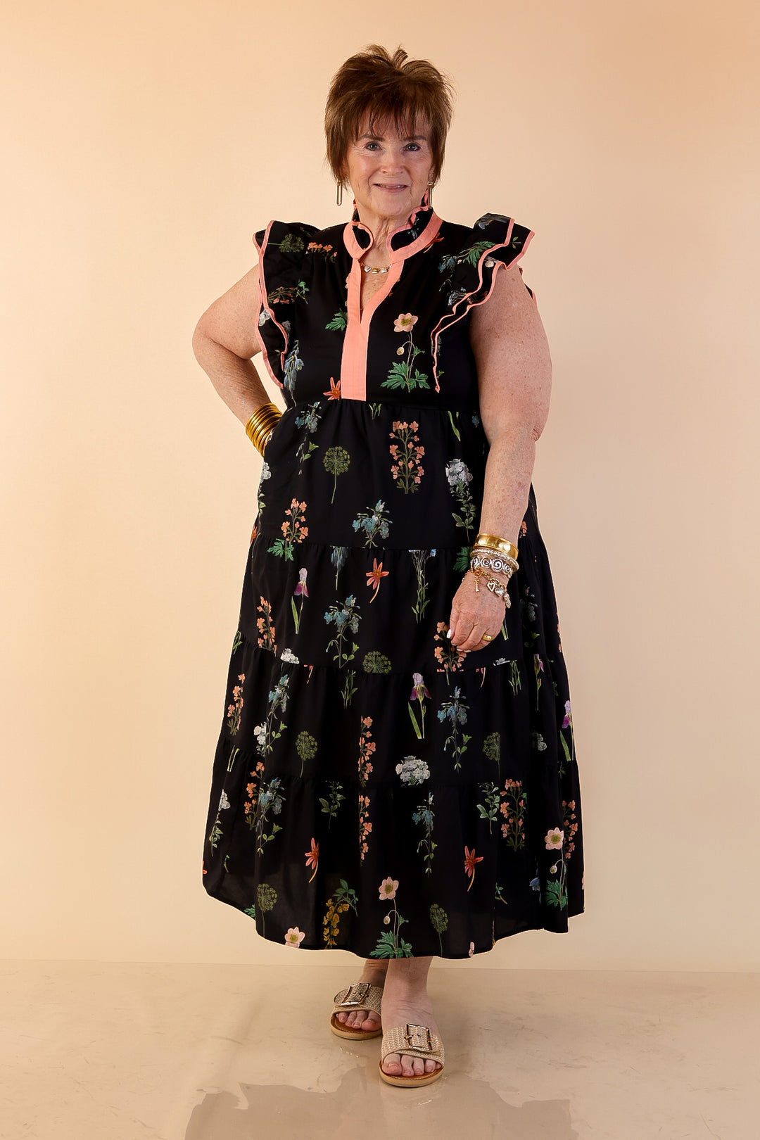 Moonlit Meadow Floral Ruffle Cap Sleeve Tiered Midi Dress in Black