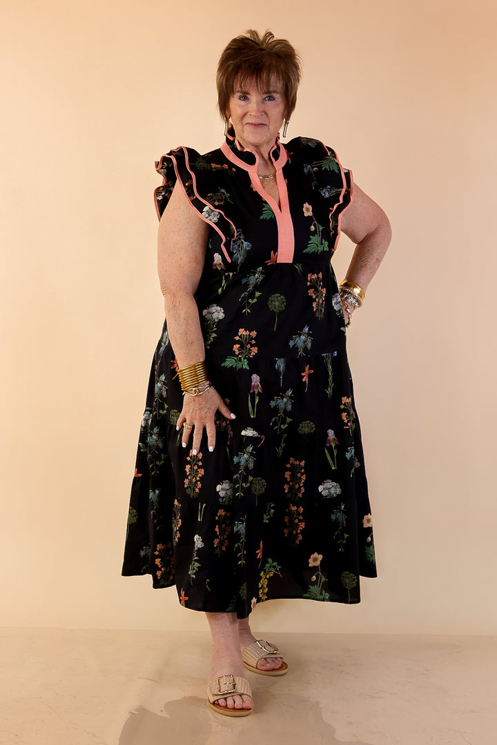 Moonlit Meadow Floral Ruffle Cap Sleeve Tiered Midi Dress in Black