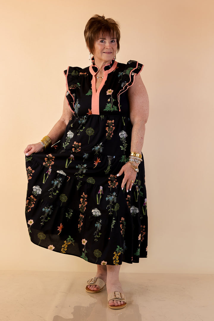 Moonlit Meadow Floral Ruffle Cap Sleeve Tiered Midi Dress in Black