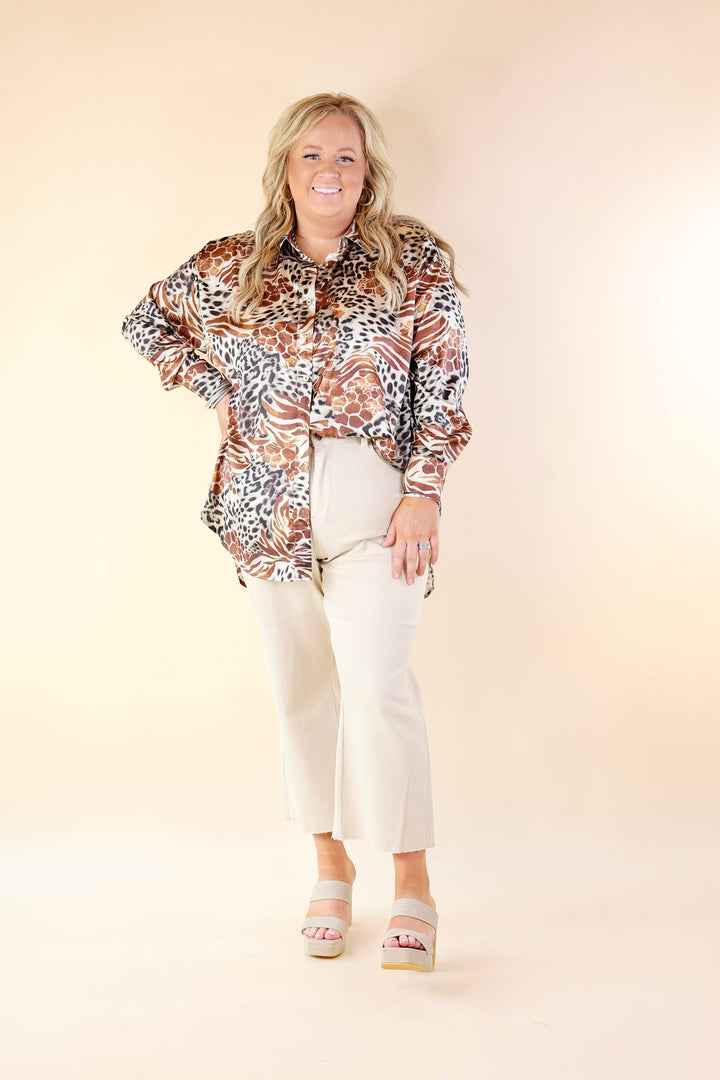 Tell Me Something Good Mixed Animal Print Long Sleeve Button Up Top in Brown - Giddy Up Glamour Boutique