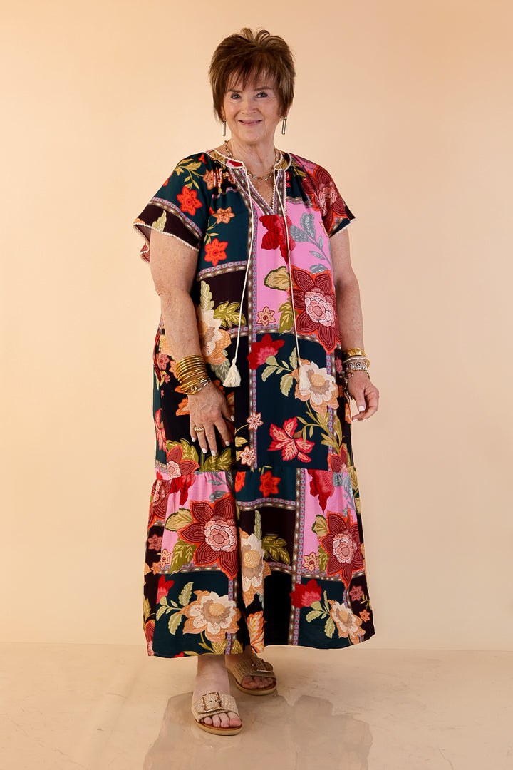 Patchwork Poise Floral Patchwork Print Midi Dress with Tassel Tie Neckline and Flutter Sleeves in Pink Mix