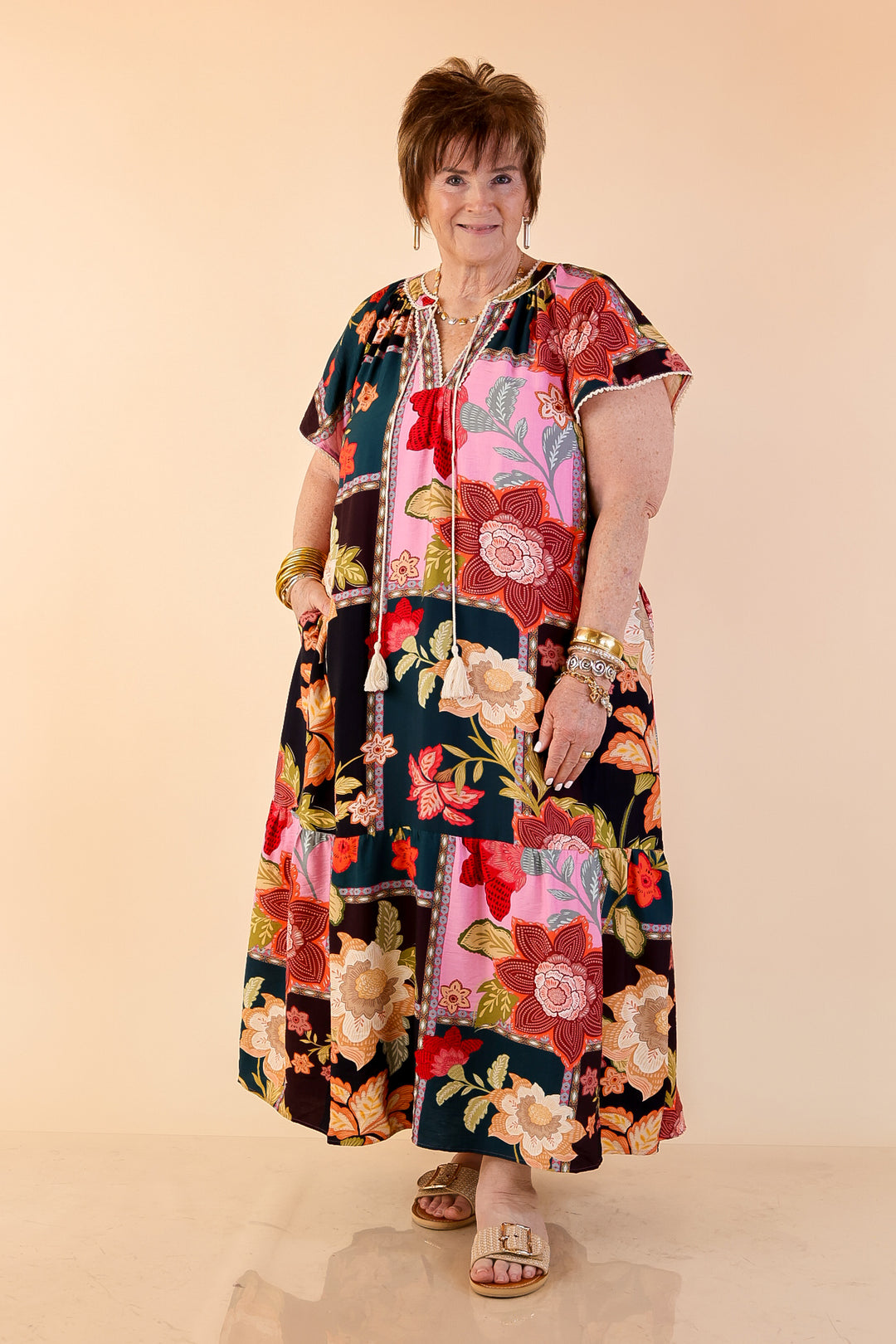 Patchwork Poise Floral Patchwork Print Midi Dress with Tassel Tie Neckline and Flutter Sleeves in Pink Mix