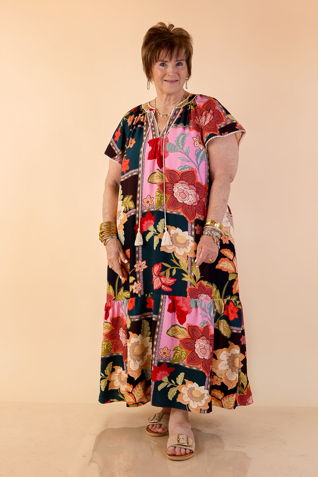 Patchwork Poise Floral Patchwork Print Midi Dress with Tassel Tie Neckline and Flutter Sleeves in Pink Mix