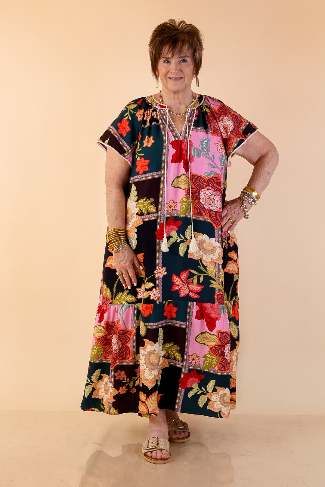 Patchwork Poise Floral Patchwork Print Midi Dress with Tassel Tie Neckline and Flutter Sleeves in Pink Mix