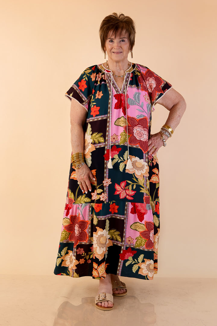 Patchwork Poise Floral Patchwork Print Midi Dress with Tassel Tie Neckline and Flutter Sleeves in Pink Mix