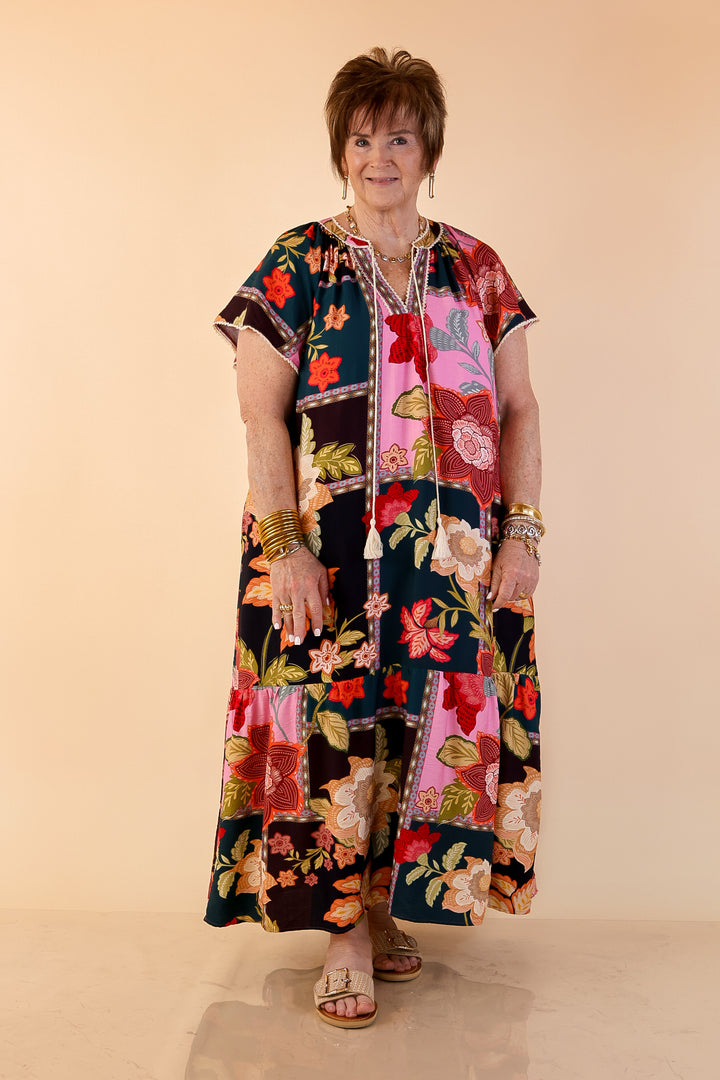 Patchwork Poise Floral Patchwork Print Midi Dress with Tassel Tie Neckline and Flutter Sleeves in Pink Mix