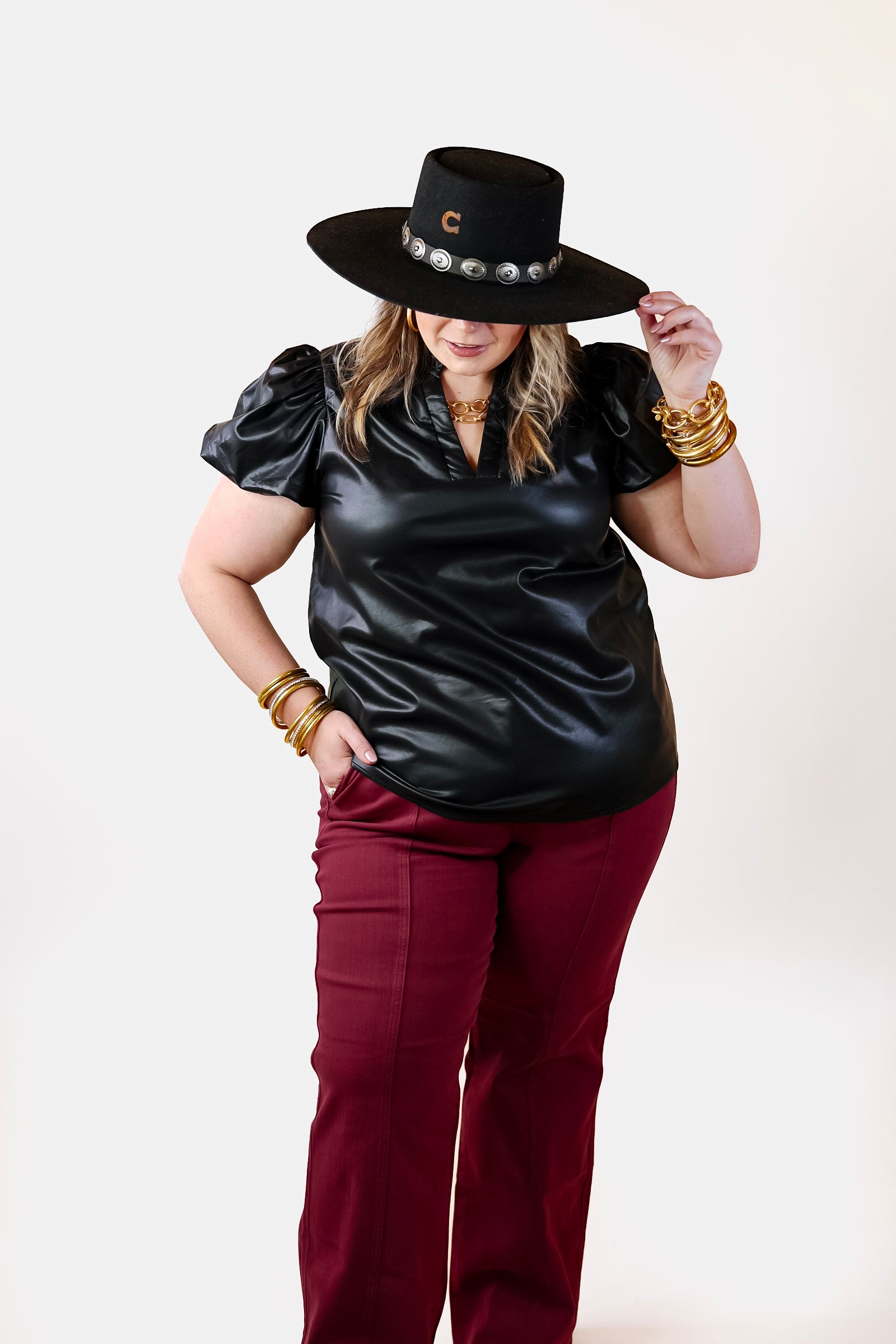 Replay The Night Faux Leather Top with Short Balloon Sleeves in Black - Giddy Up Glamour Boutique