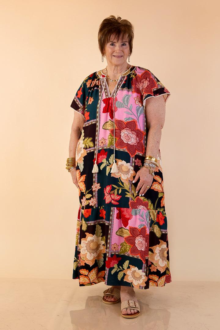Patchwork Poise Floral Patchwork Print Midi Dress with Tassel Tie Neckline and Flutter Sleeves in Pink Mix