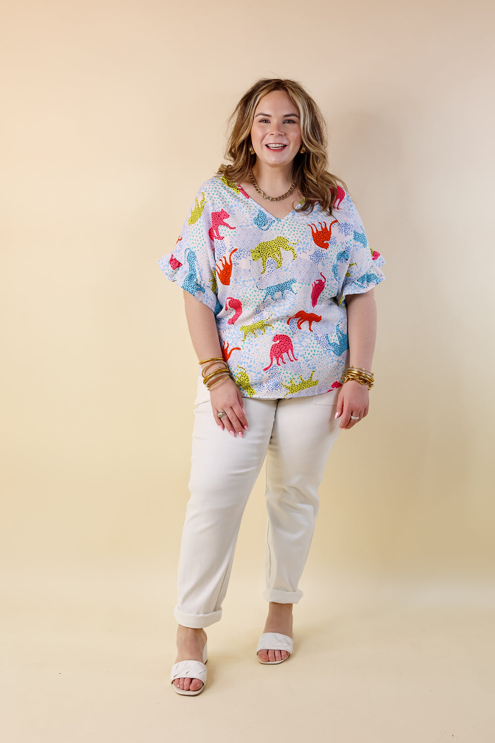 Best Version Cheetah Print V Neck Top with Ruffle Short Sleeves in Blue Mix - Giddy Up Glamour Boutique