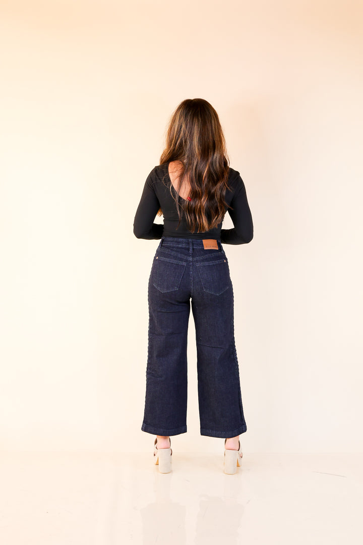 Judy Blue | Everyday Elegance Wide Leg Cropped Jean with Side Seam Braid in Dark Rinse Wash