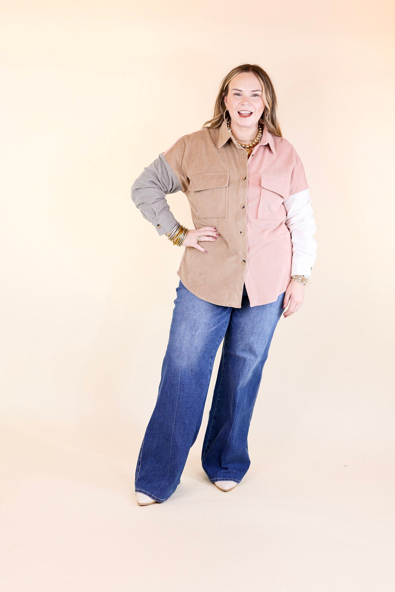 Cozy Perk Button Up Color Block Corduroy Shacket in Blush Pink and Tan