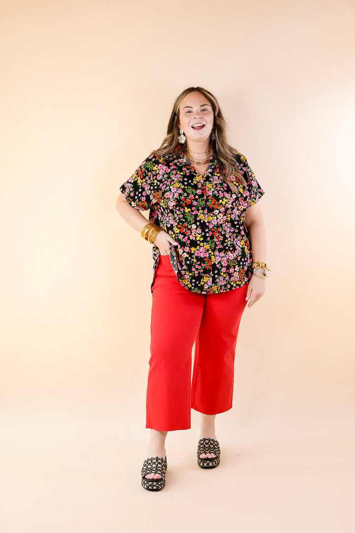 Adventure Awaits Floral Print Top with Collar in Black - Giddy Up Glamour Boutique