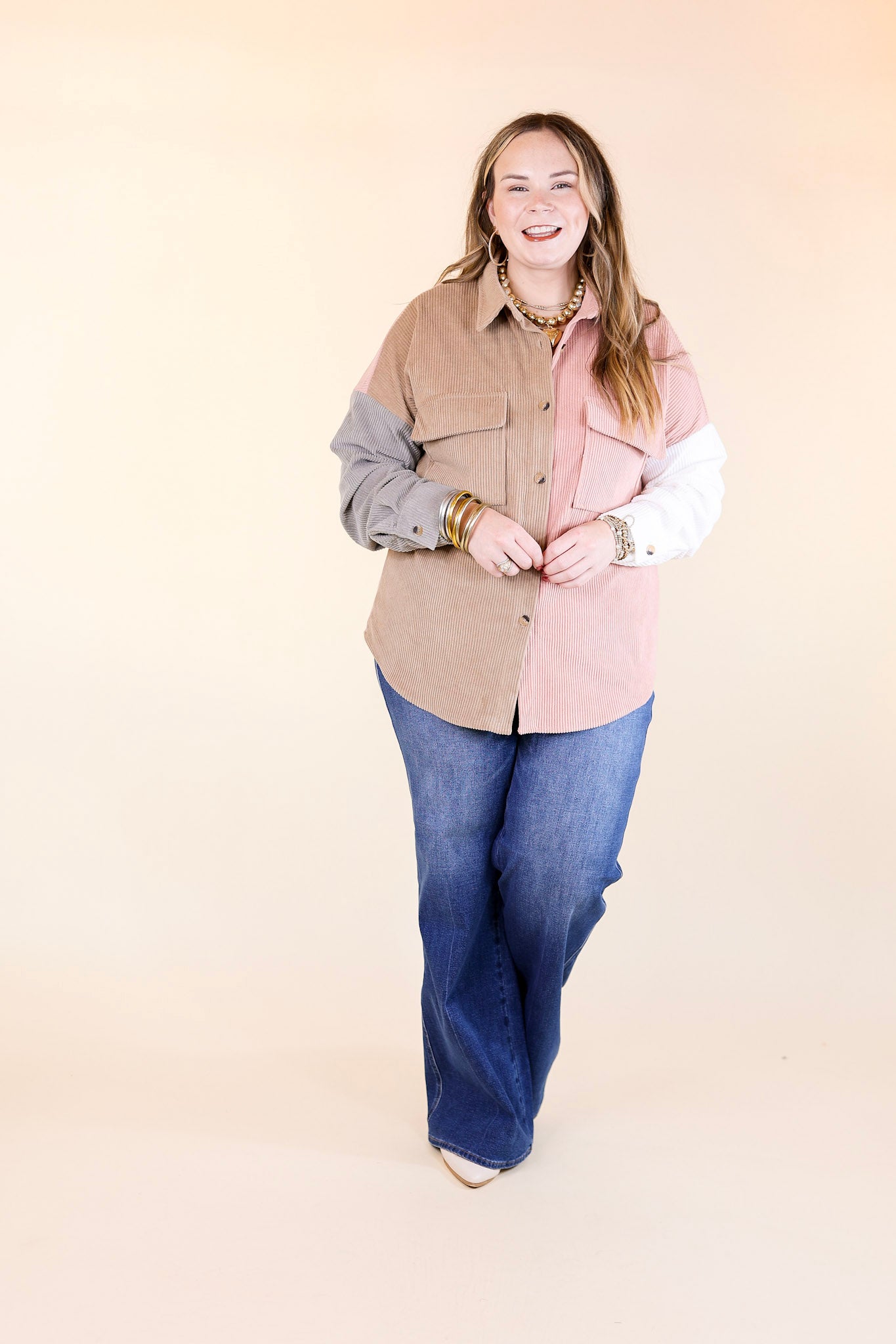 Cozy Perk Button Up Color Block Corduroy Shacket in Blush Pink and Tan