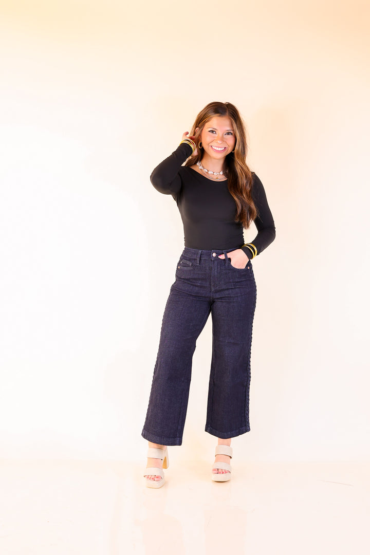 Judy Blue | Everyday Elegance Wide Leg Cropped Jean with Side Seam Braid in Dark Rinse Wash