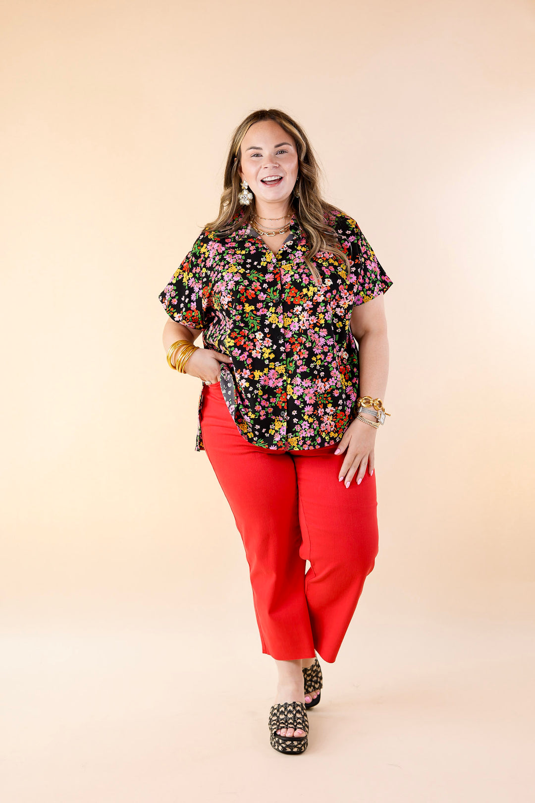 Adventure Awaits Floral Print Top with Collar in Black - Giddy Up Glamour Boutique