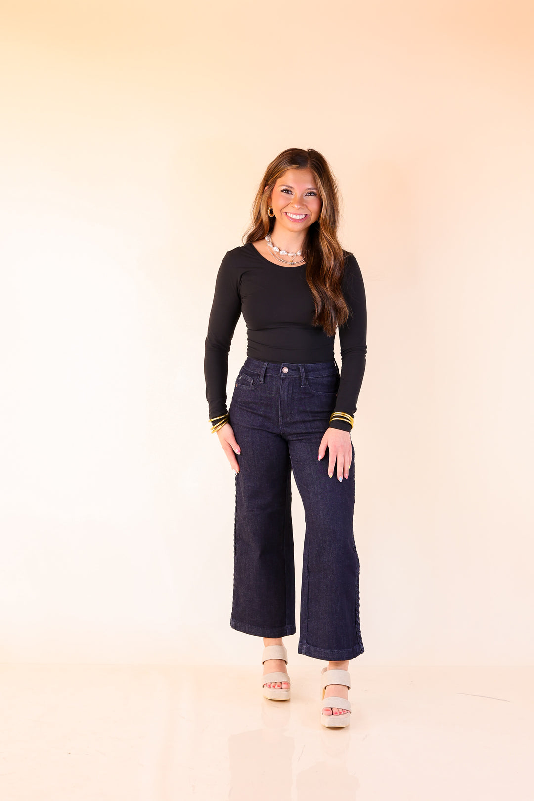 Judy Blue | Everyday Elegance Wide Leg Cropped Jean with Side Seam Braid in Dark Rinse Wash