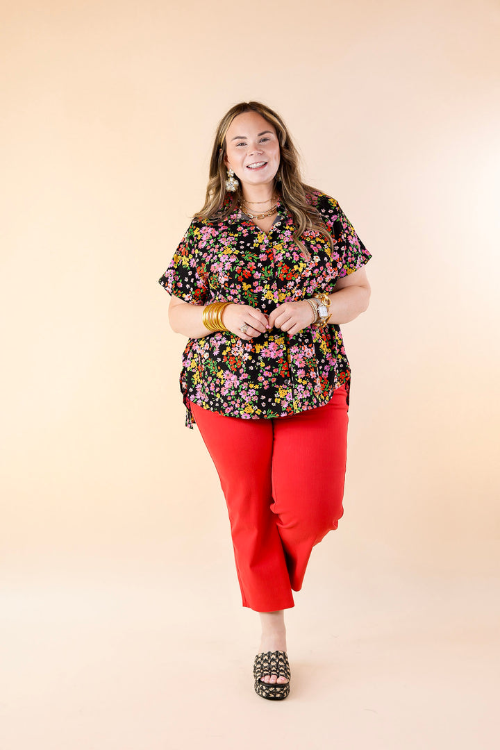 Adventure Awaits Floral Print Top with Collar in Black - Giddy Up Glamour Boutique