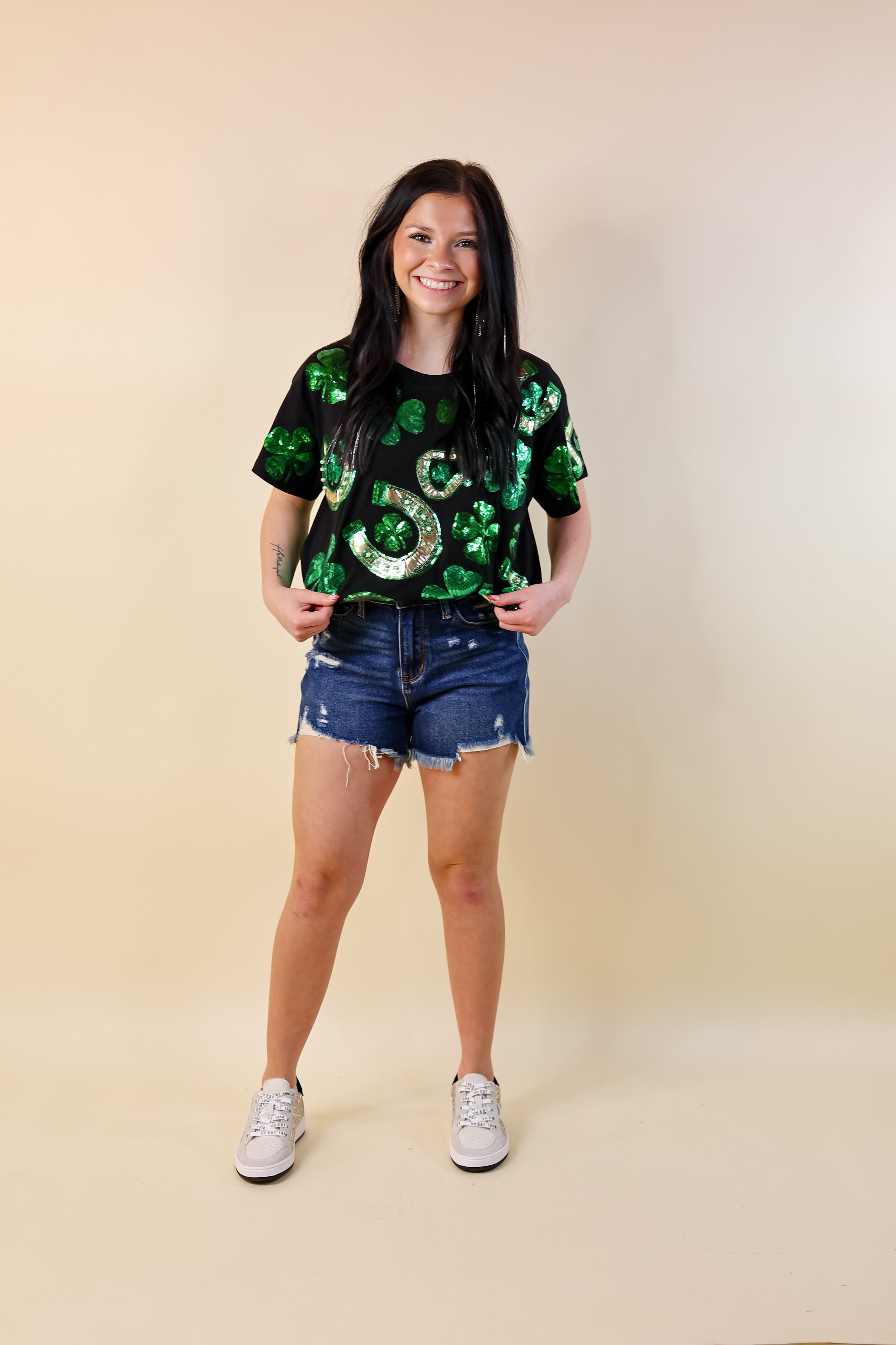 Queen Of Sparkles | Lucky Charm Fully Sequined Clover and Horseshoe Tee in Black - Giddy Up Glamour Boutique